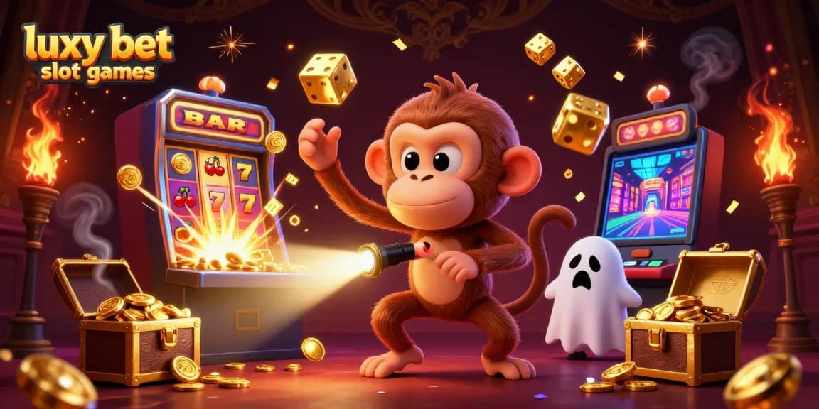 Experience the thrill of luxy bet slot games with vibrant visuals of a poltergeist monkey and golden treasures.