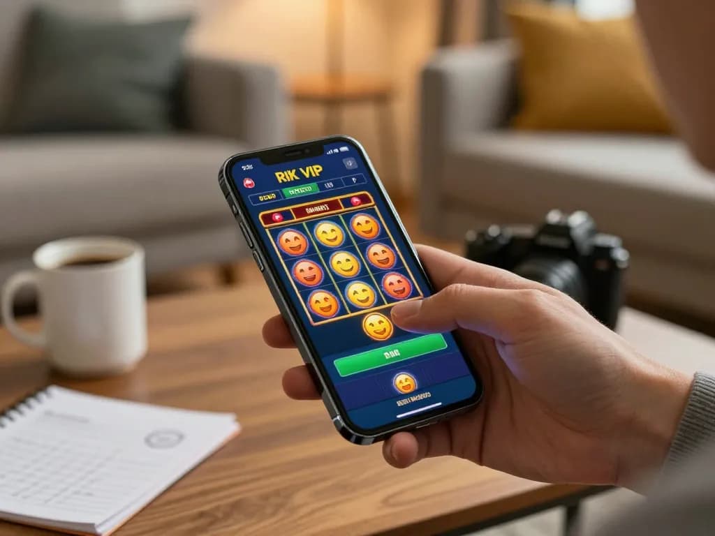 Engaging gameplay on RIK VIP casino app displayed on smartphone in cozy home setting.