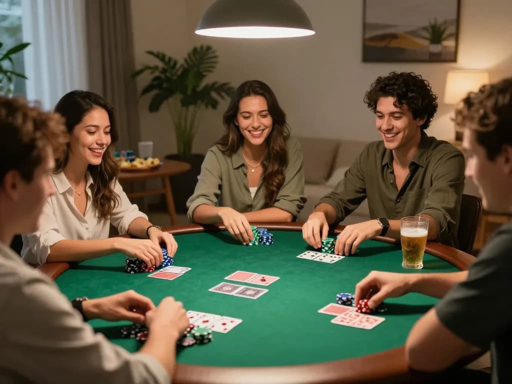 Friends enjoying a poker game night at home, featuring mm88 gaming elements with chips and cards.