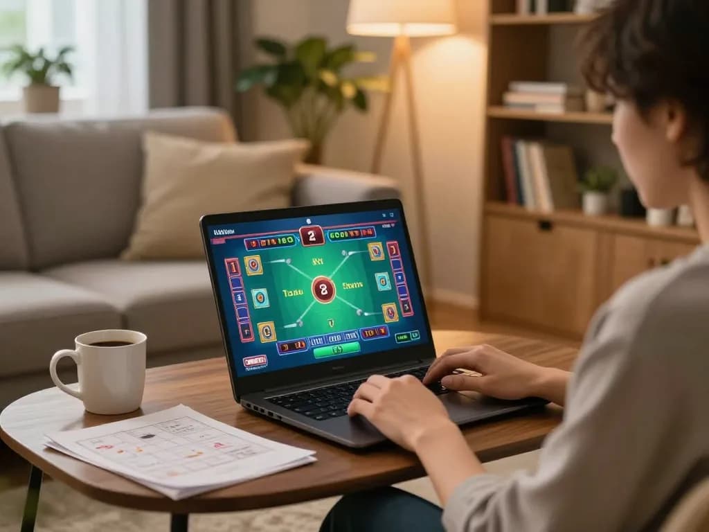 Tài xỉu online gameplay on a laptop in a cozy home setting with strategy notes and warm lighting.