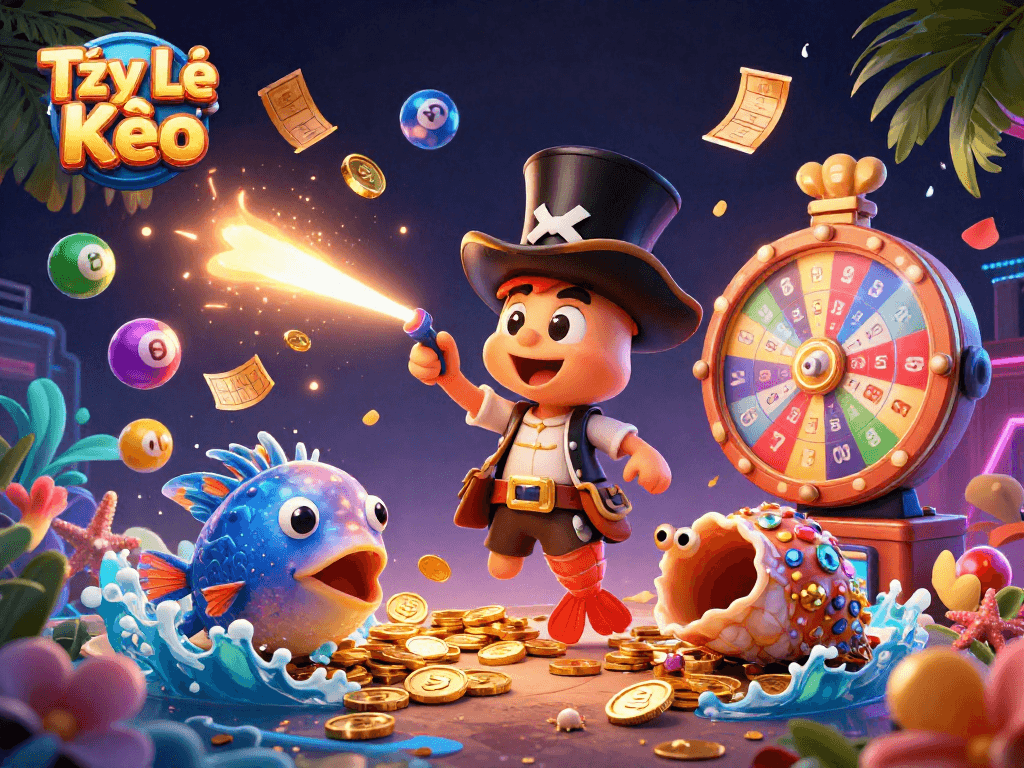 Tỷ Lệ Kèo showcases a vibrant underwater scene with animated characters and lottery elements.