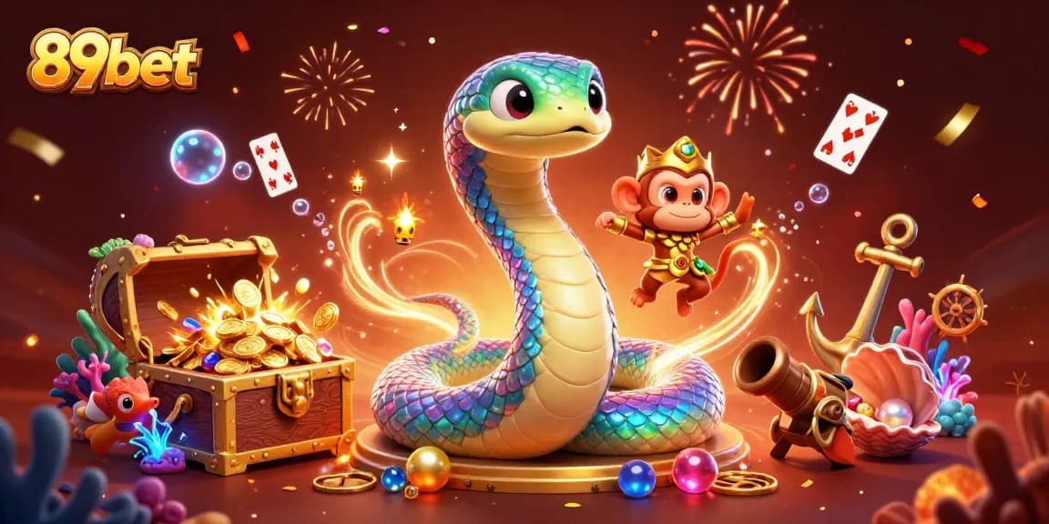 Join the fun at 89bet with vibrant illustrations of a monkey king and serpent in an enchanted casino scene.