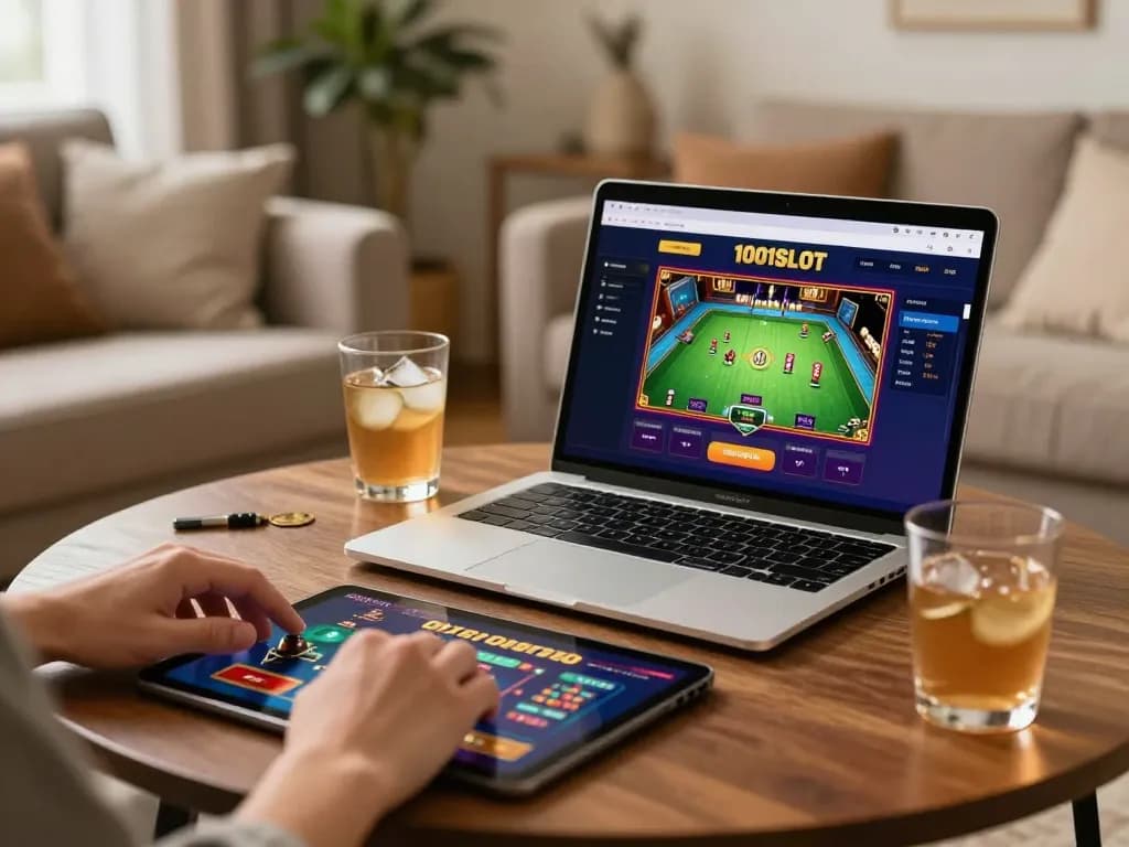 Experience gameplay on 1001SLOT interface in a cozy home setting during a relaxed gaming session.
