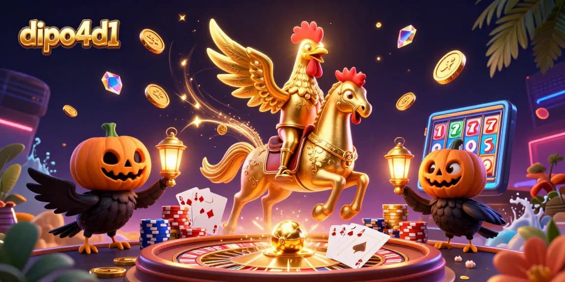 Mainkan dipo4d1 dengan karakter ayam emas yang menunggang kuda spektral di kasino malam.