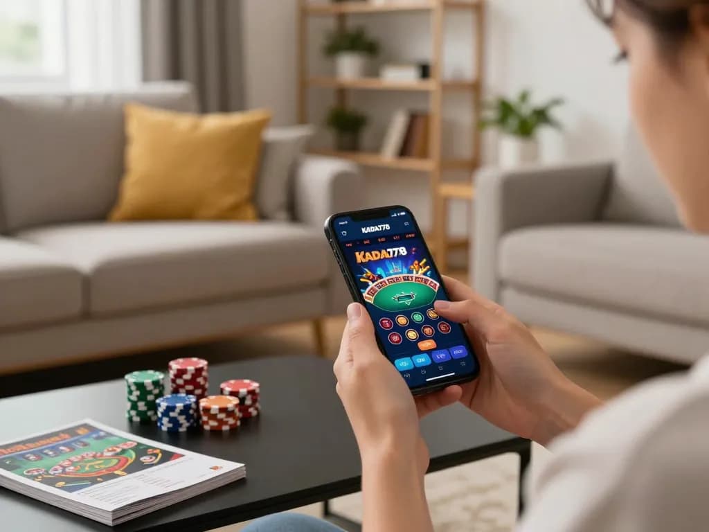 KADAL778 mobile gaming experience showcasing strategic betting on a stylish smartphone in a cozy living room.