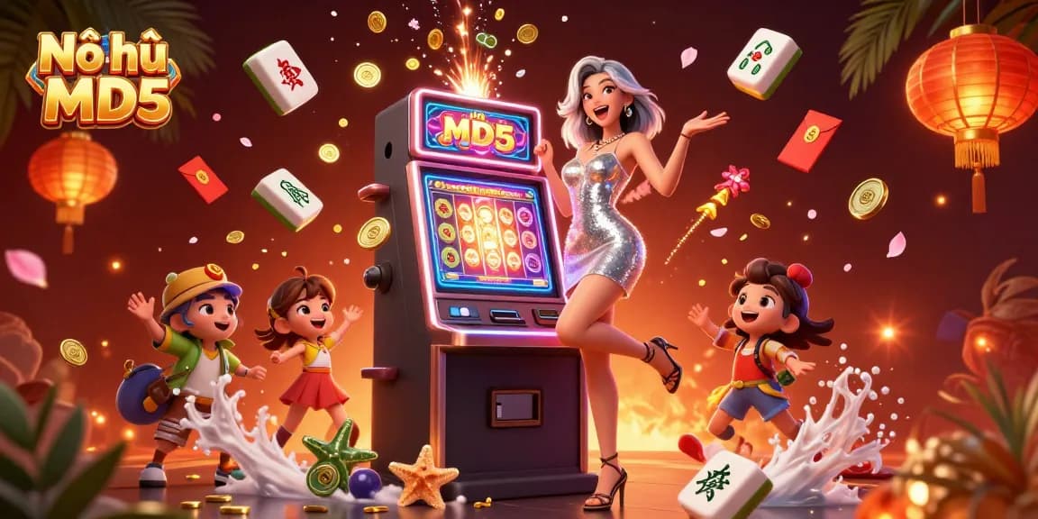Nổ hũ Tài xỉu MD5 presents an exciting jackpot scene with vibrant coins and a festive atmosphere.