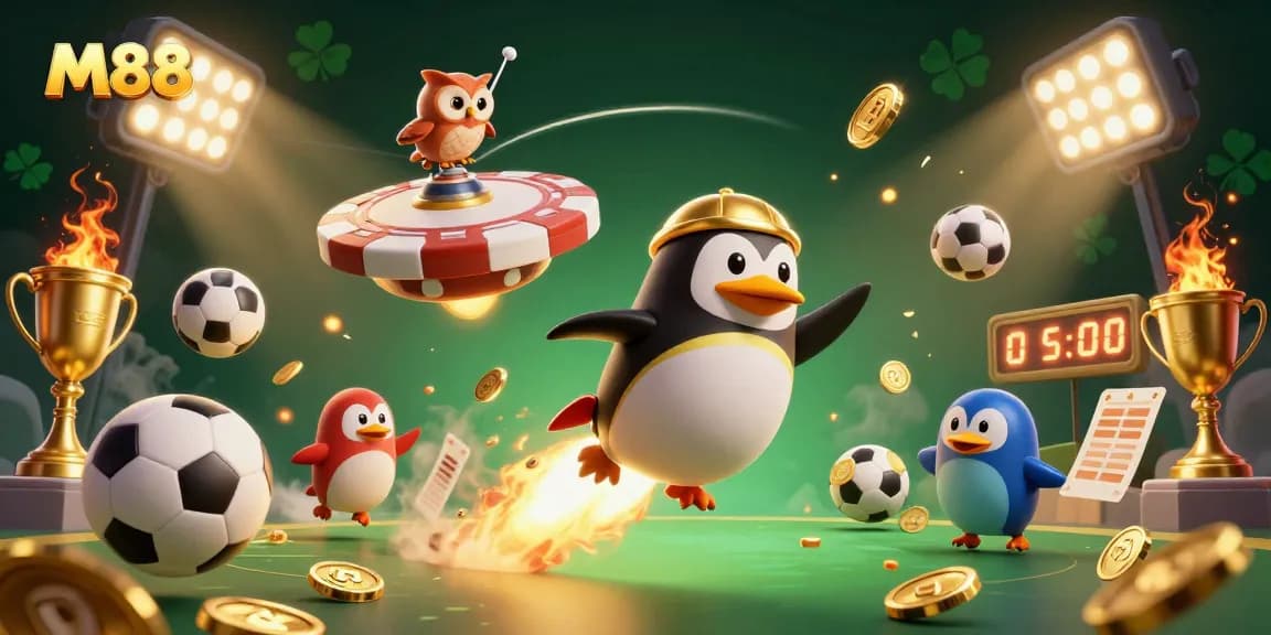 Experience the thrilling adventures of M88 featuring a golden penguin soaring past a casino space station.