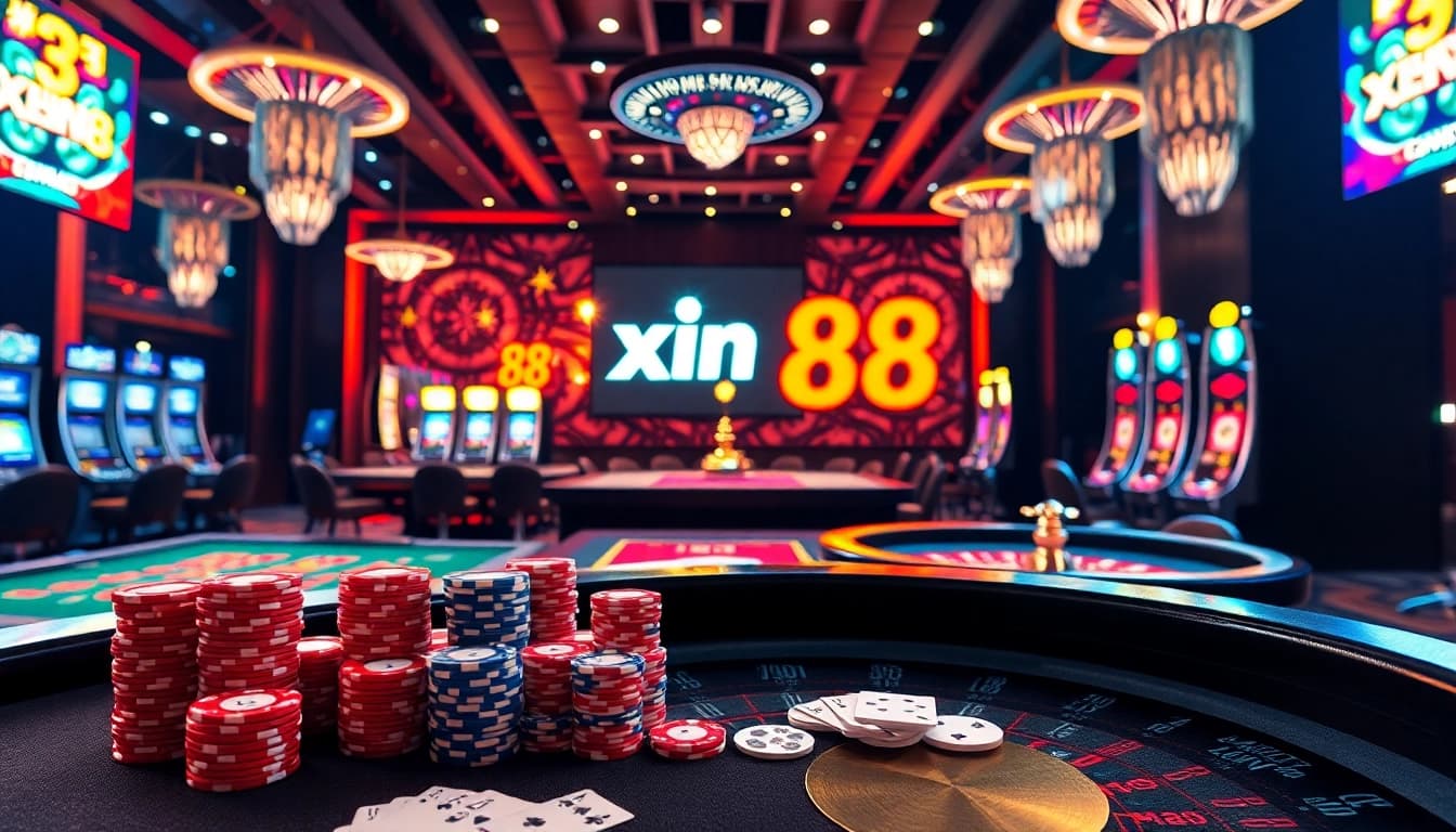 Experience the thrill of xin88 with vibrant casino tables, chips, and roulette lights.