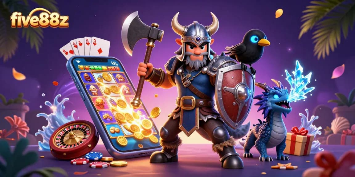 Experience the thrilling five88z casino adventure with a Viking warrior battling alongside mythical creatures.
