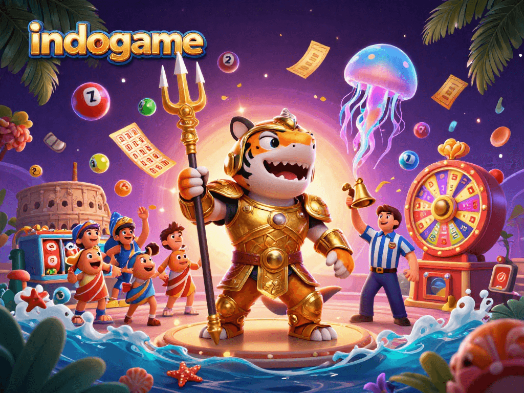 Engage with indogame's vibrant casino themes featuring a shark gladiator amidst dynamic game elements.