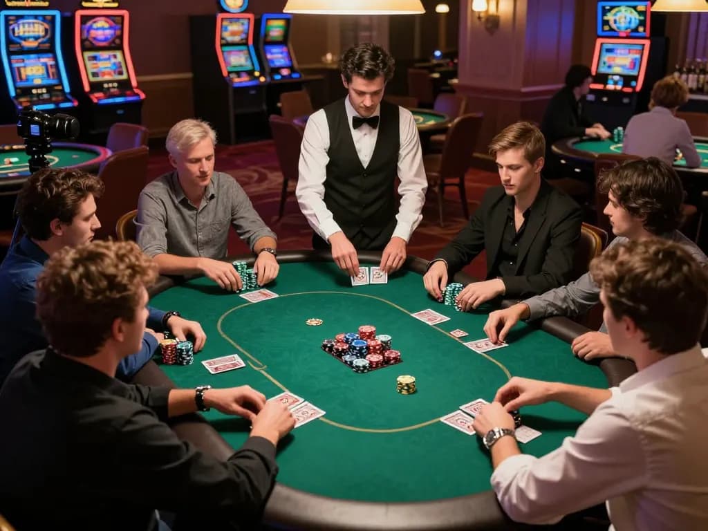 Players engage in a thrilling poker game at the open 88 casino, showcasing chips and cards mid-play, capturing excitement and strategy.