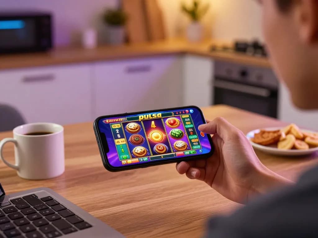 Player engaging with slot pulsa game on smartphone in a cozy home atmosphere.
