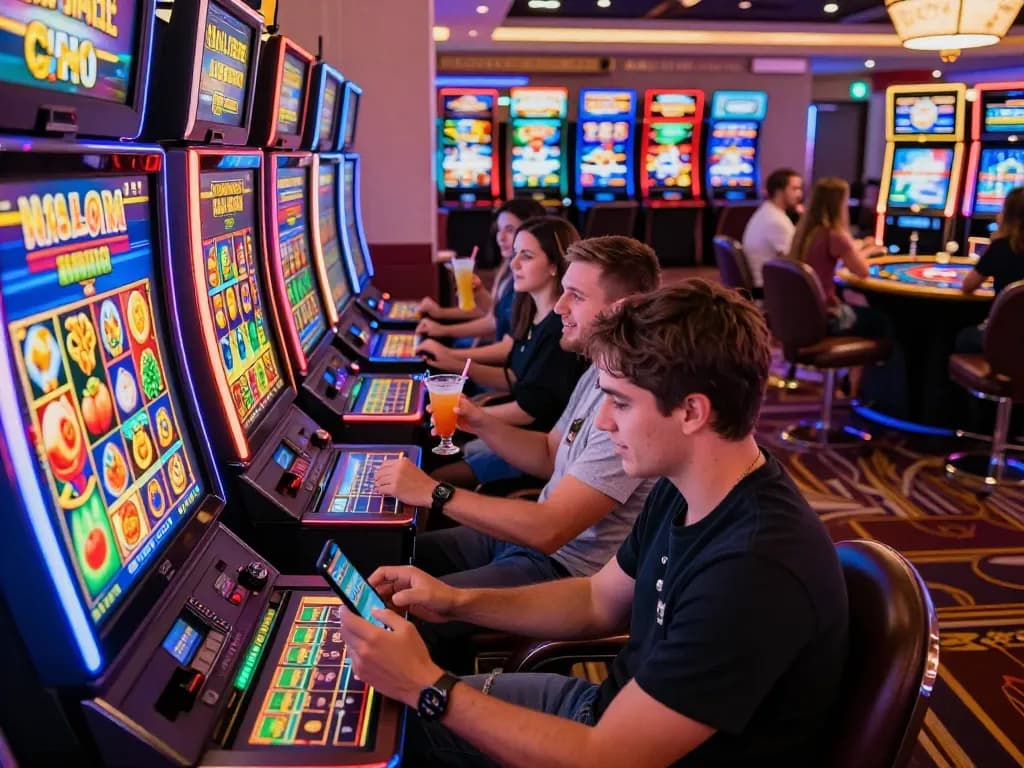 Para pemain yang terlibat menikmati situs slot gacor dalam suasana kasino yang hidup dipenuhi dengan mesin slot yang berwarna-warni dan perayaan.