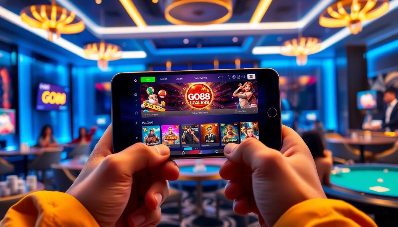 Experience GO88 gaming platform on a smartphone, showcasing diverse games in a modern lounge setting.