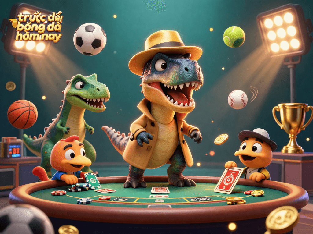 Watch trực tiếp bóng đá hôm nay with action-packed characters at a vibrant gambling scene.