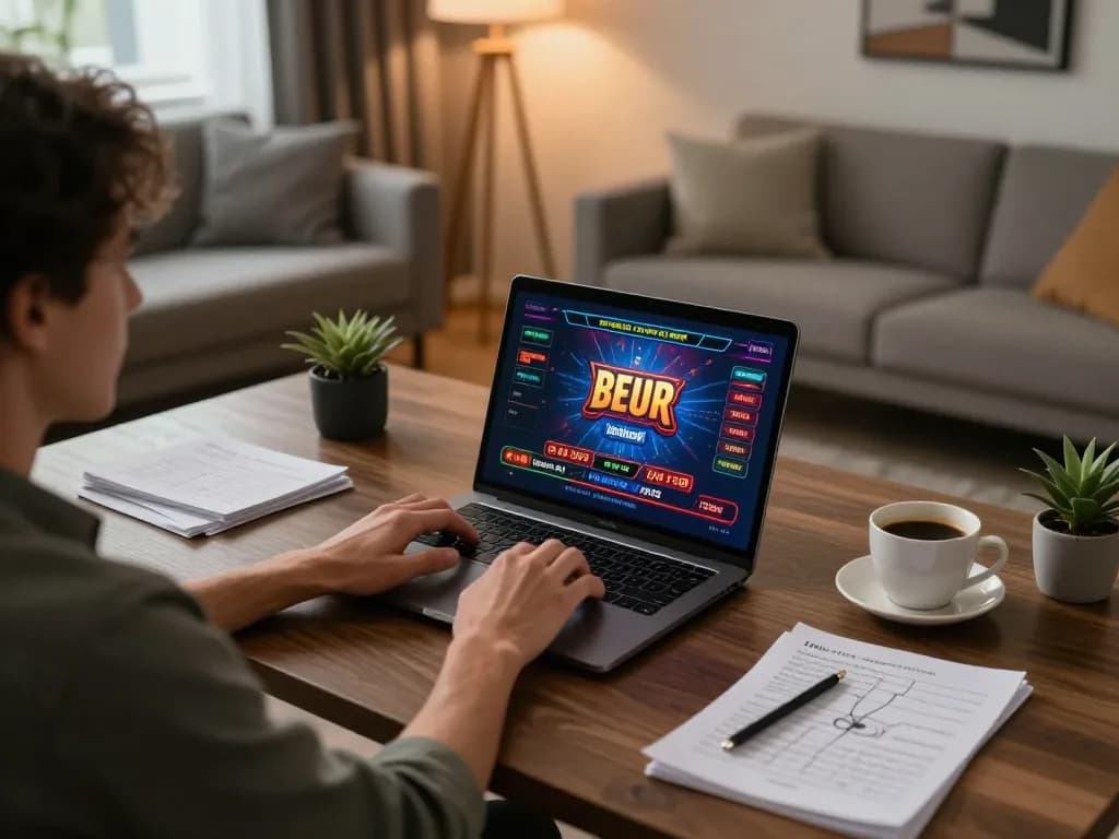 Player strategizing with god55 casino app on laptop, showcasing online betting in a cozy home environment.