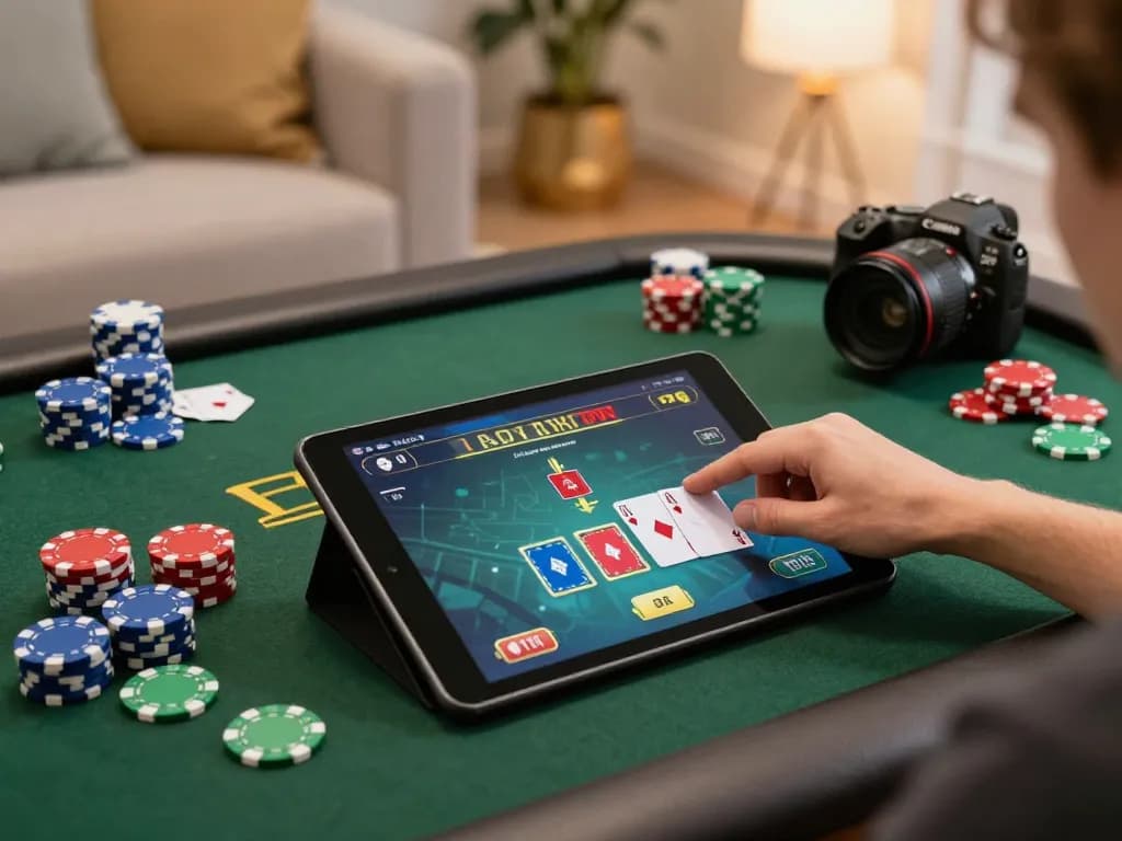 32win player placing bets in colorful online poker game on tablet, showcasing responsible gaming.