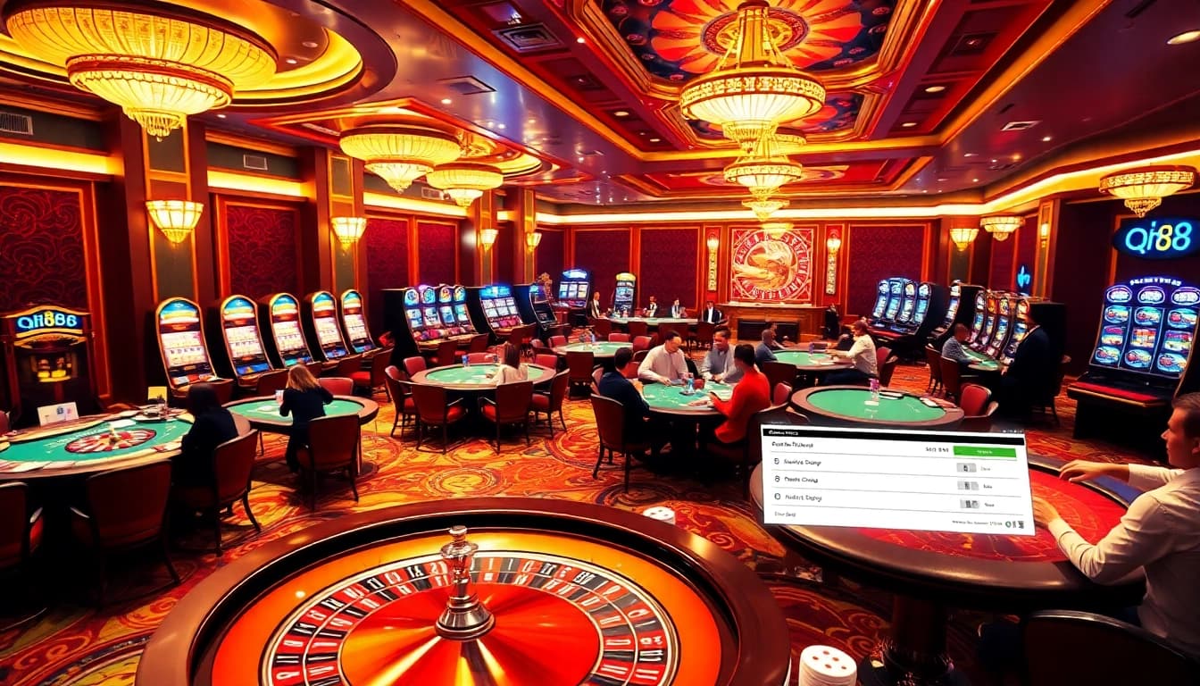 Excited players at qh88 casino tables enjoying poker and blackjack under luxurious lighting.