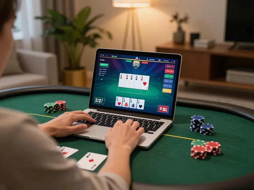 Engaging moment of online poker gameplay at https://webnk88.net/ featuring vibrant interface and cozy home setup.