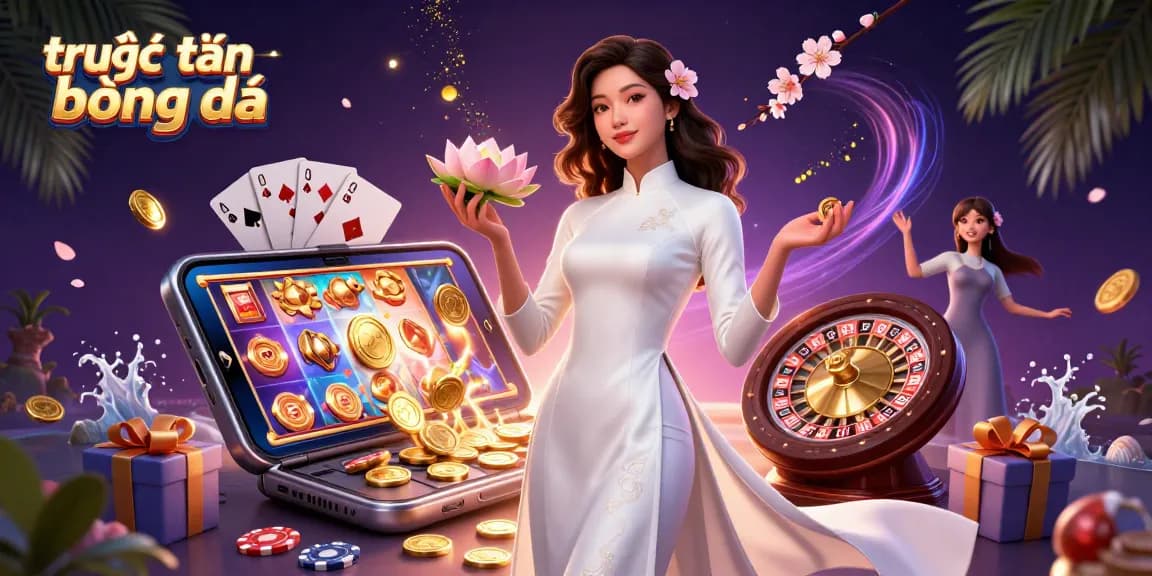 Experience trực tiếp bóng đá excitement with a stunning illustration showing a serene Asian woman among betting games.