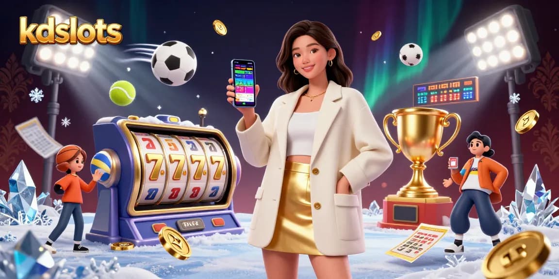 Engage with kdslots and experience thrilling slot gaming with a friendly character celebrating on her smartphone.