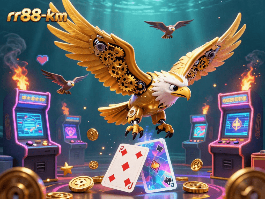 Experience thrilling gameplay with rr88-km's golden eagle amidst cascading holographic cards in this 3D illustrated casino scene.