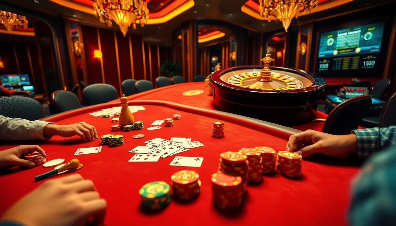 SBOBET poker game in an elegant casino setting, capturing excitement and strategy during high-stakes gameplay.