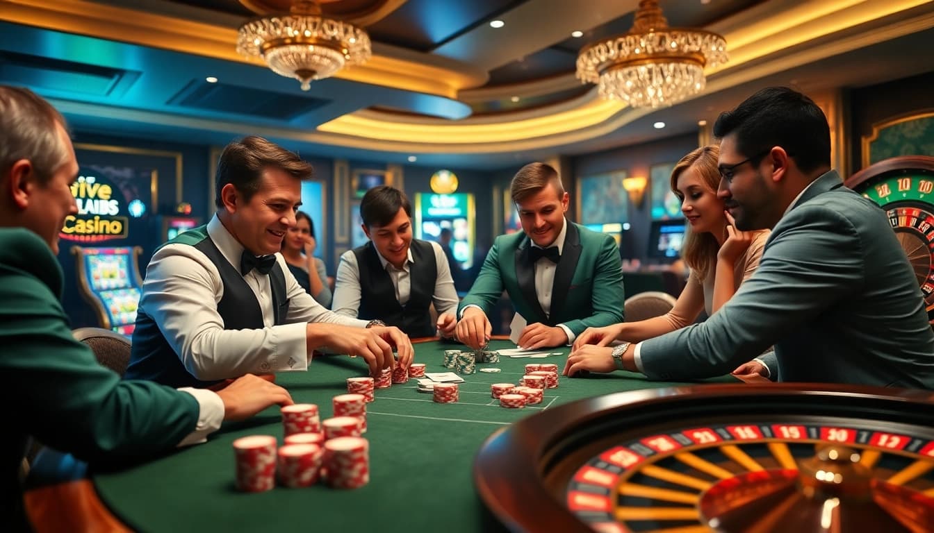 Hitclub players engaged in a high-stakes poker game with vibrant casino elements.