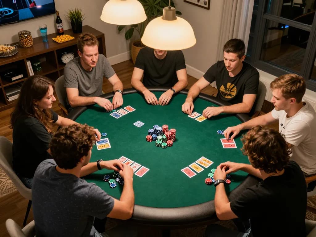 Players strategizing at a friendly poker game night on ho88 platform, showcasing vibrant chips and focused expressions