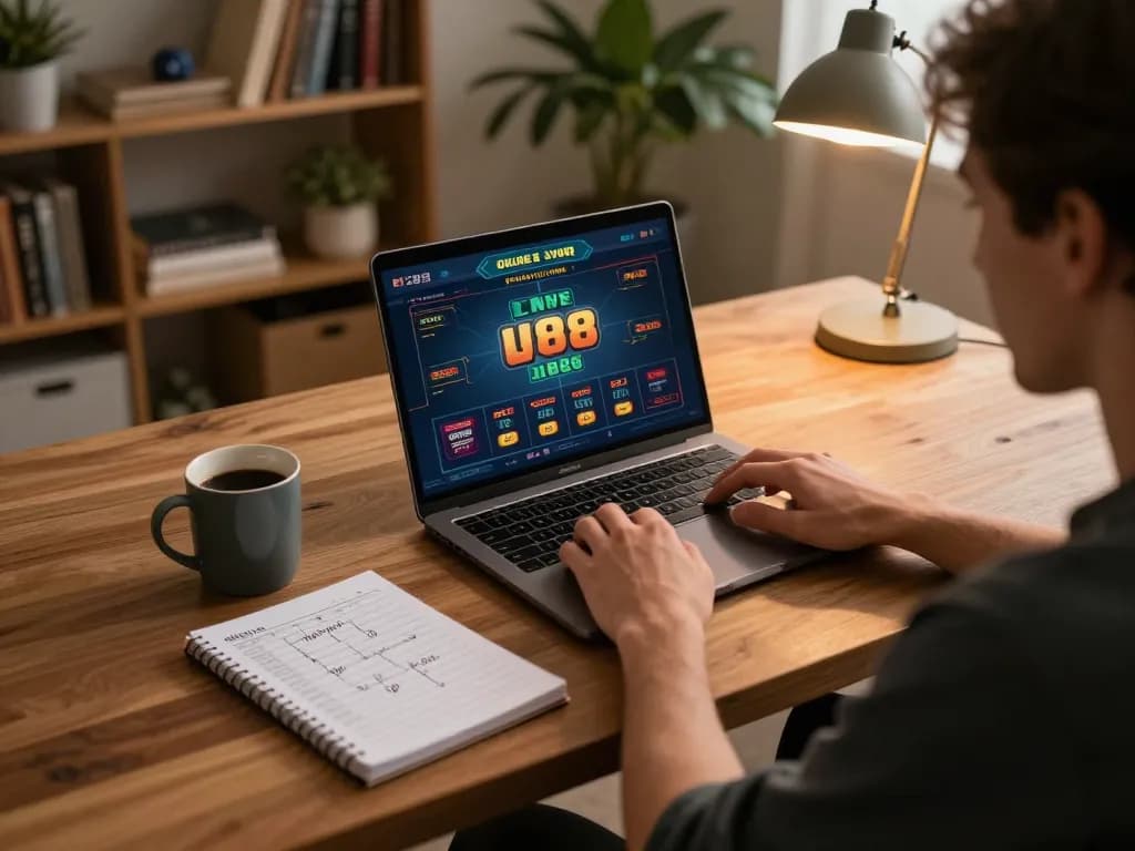 Player engaging in LV88 online casino gaming with strategy notes at home
