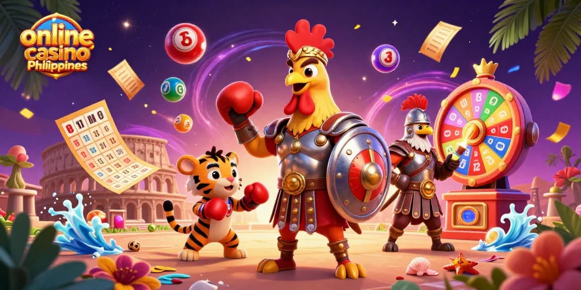 Engage with the online casino Philippines through a vibrant scene of a gladiator rooster, tiger cub, and eagle amid lottery excitement.
