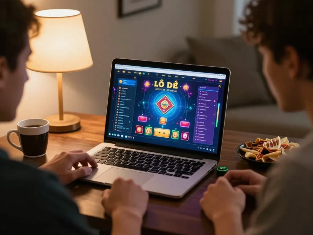 Players enjoying a strategic Lô đề online gaming session on a laptop at home, creating a warm and inviting atmosphere.