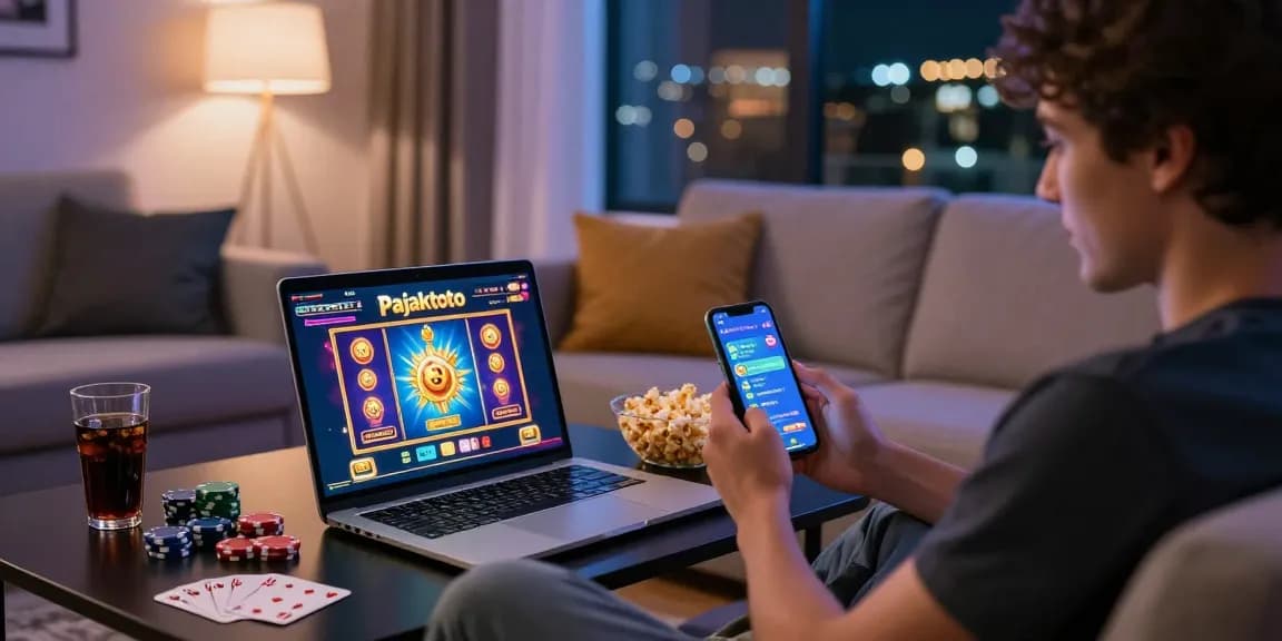 Engaging pajaktoto slot game experience in a modern living room setting, featuring colorful graphics and snacks.