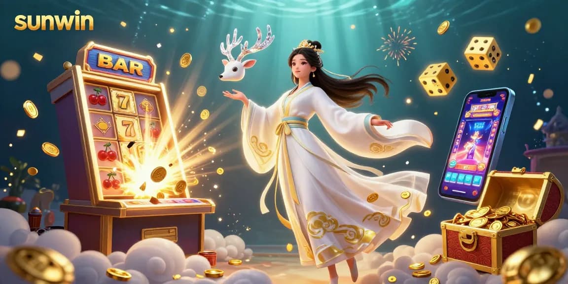 Win jackpots at sunwin with a vibrant casino scene featuring a stylish Asian woman and dynamic gaming elements.