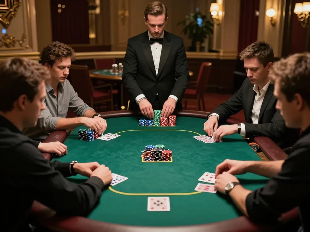 lc88 poker players strategizing in a vibrant casino environment with warm lighting
