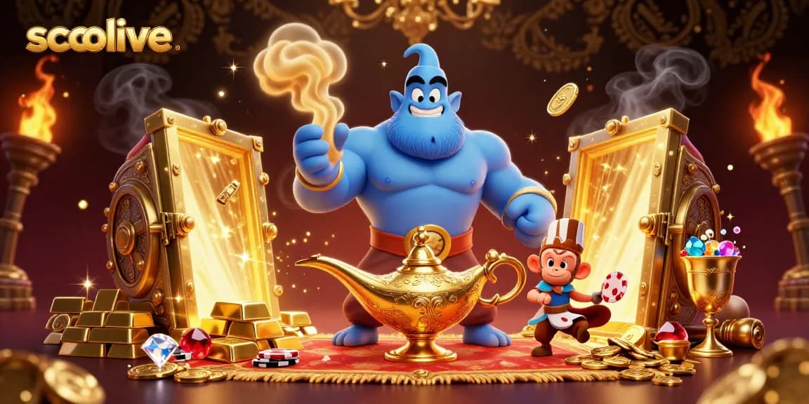 Socolive engages viewers with a vibrant scene featuring a genie and monkey amidst golden casino treasures and poker chips.