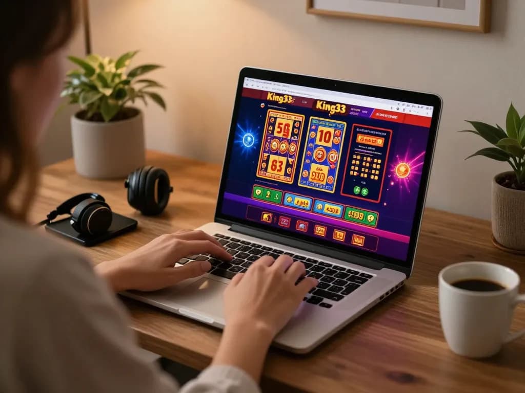 Engaging in King33 online gaming with vibrant casino interface at home.