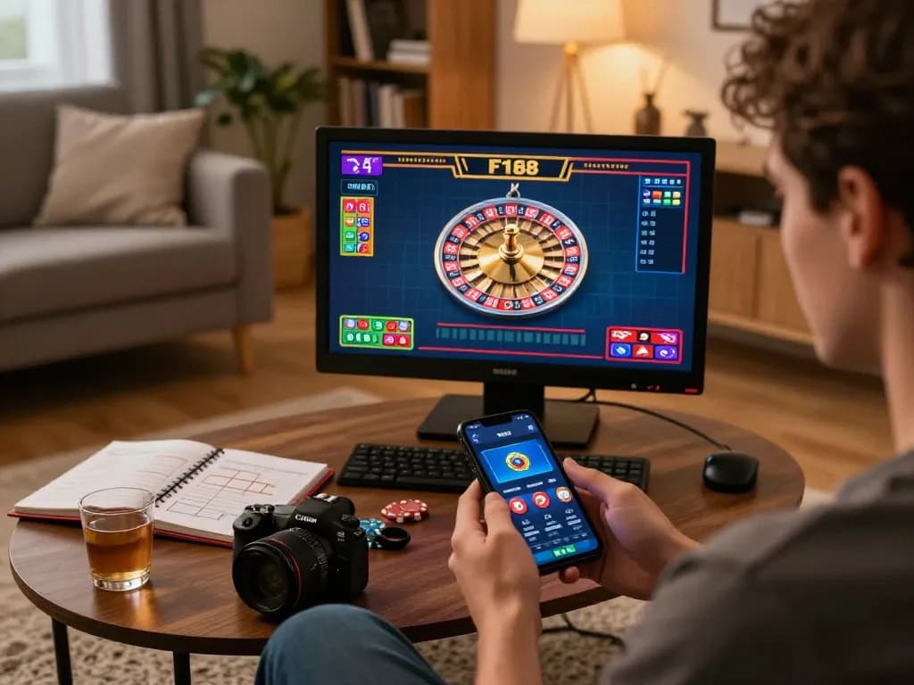 Player engaging with F168 casino app on smartphone in stylish living room, showcasing responsible gaming.