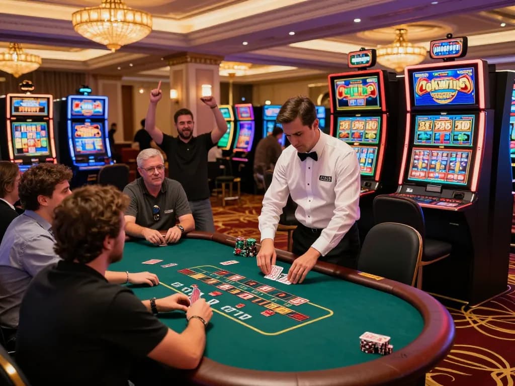 A lively okwin casino scene featuring players enjoying poker and jackpot slots, capturing the excitement of gambling.