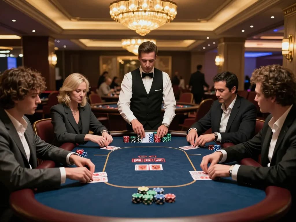 Players engaging in a high-stakes game at SC88's luxurious poker table in a vibrant casino setting.
