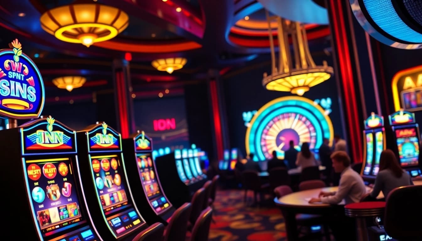 Engaging players enjoying idn slot machines in a vibrant casino with neon lights.