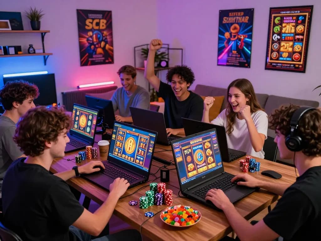 Kumpulan orang menikmati permainan slot link gacor bersama dalam suasana gaming yang cerah.