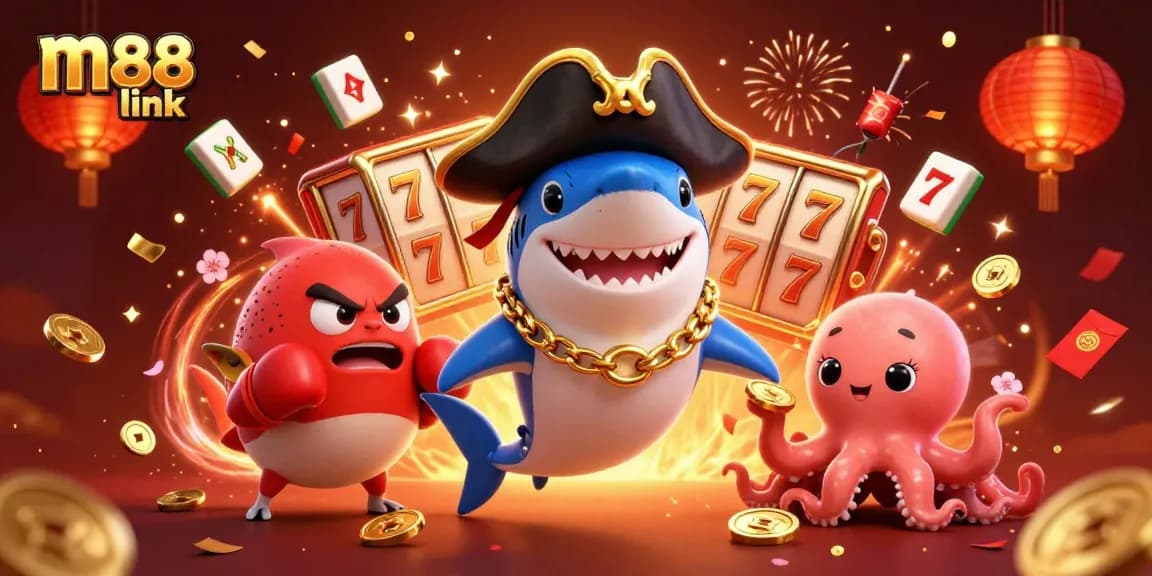 Experience excitement with M88 link in a vibrant casino-themed scene featuring a smiling pirate shark, pufferfish, and octopus.