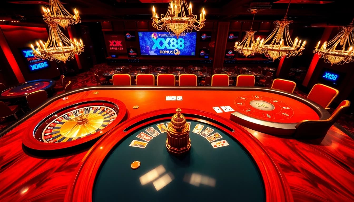 Experience thrilling gambling at the XX 88 casino with vibrant roulette and poker tables.