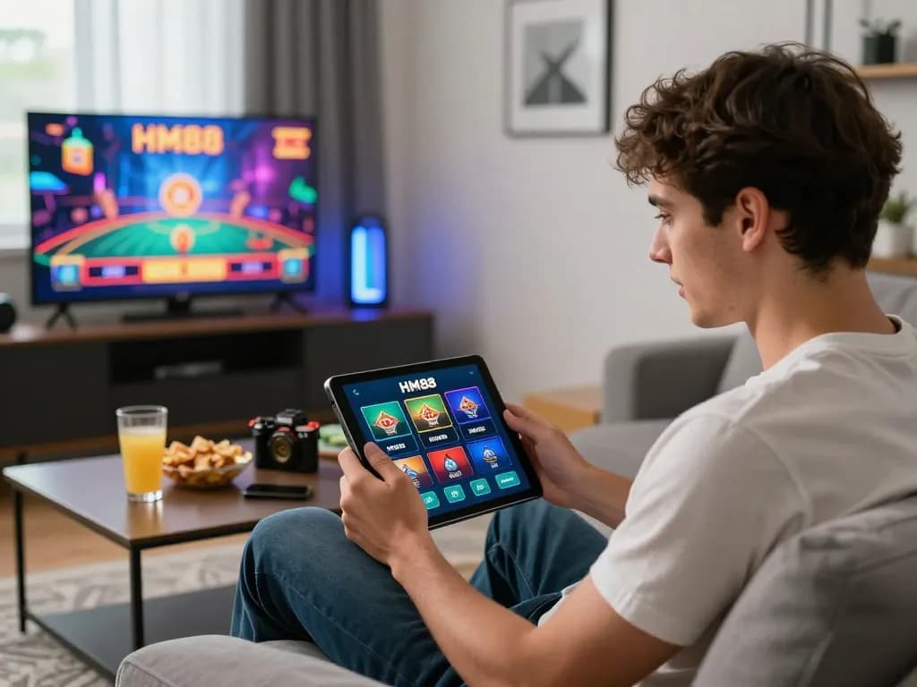 Person engaged with the HM88 app in a vibrant home gaming environment, showcasing online betting excitement.