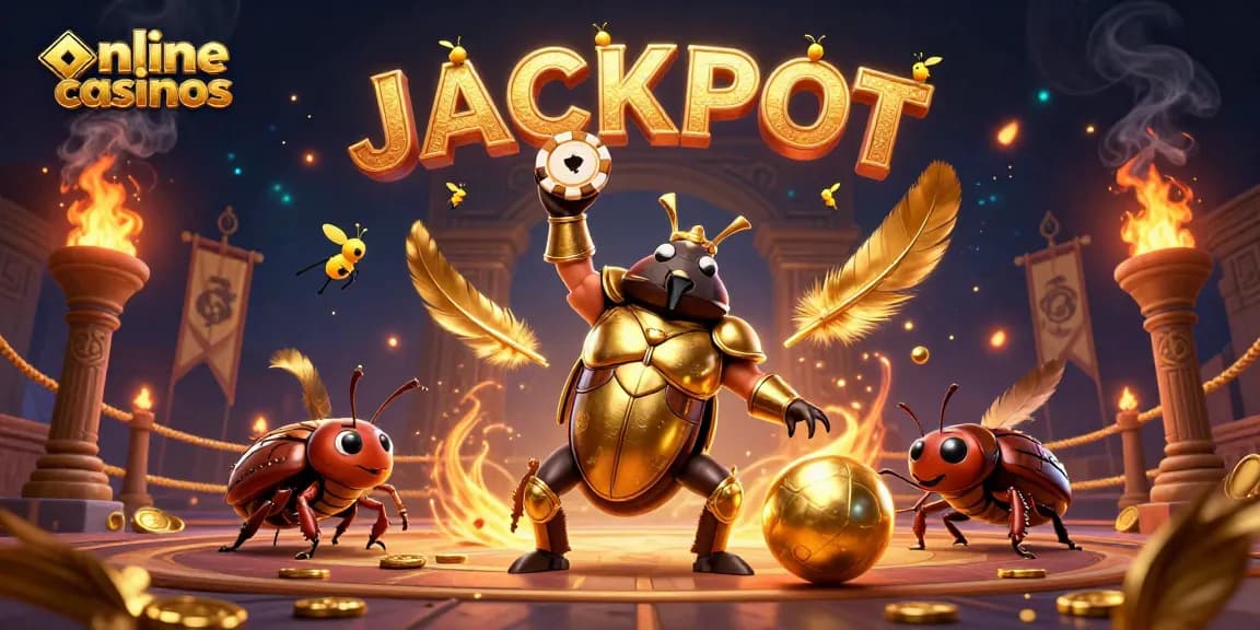 Engage with online casinos through a dynamic illustration of a triumphant beetle champion amidst golden tokens.
