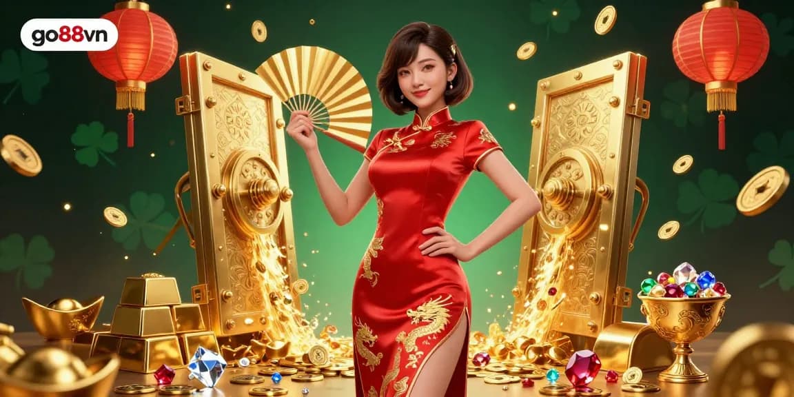 Experience thrilling gameplay with go88vn in a vibrant casino scene filled with gold and gems.