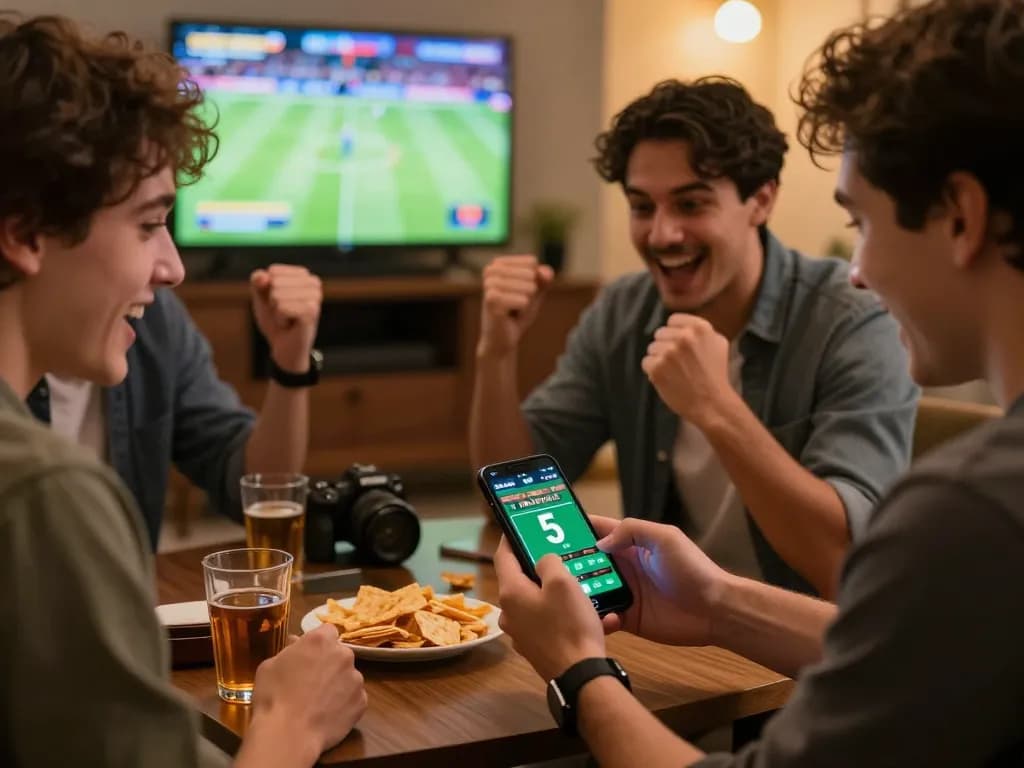 Tỷ lệ kèo nhà cái 5 sports betting excitement among friends using a smartphone app.
