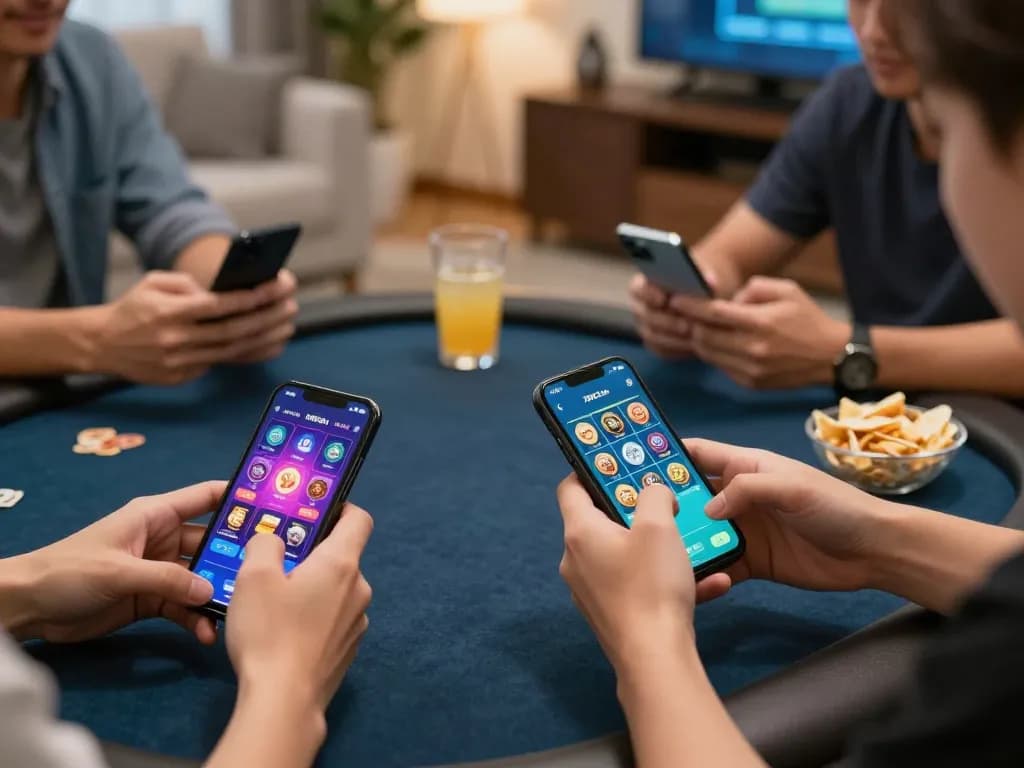 Players enjoying the 789club app on smartphones in a cozy home setting, showcasing an online gambling experience.