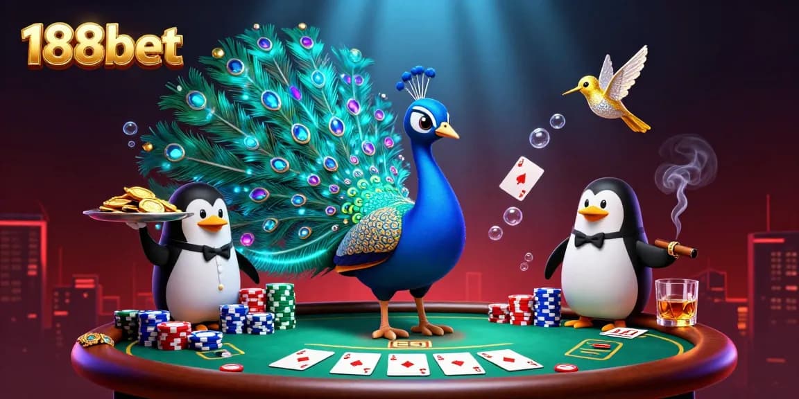 Experience top-tier gaming with 188bet as a peacock, butler penguin, and hummingbird celebrate at a vibrant casino.